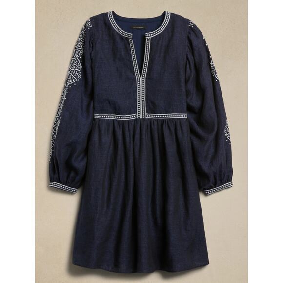 BANANA REPUBLIC Yara Embroidered Linen Mini Dress L Large Parachute Sleeve - Picture 10 of 11